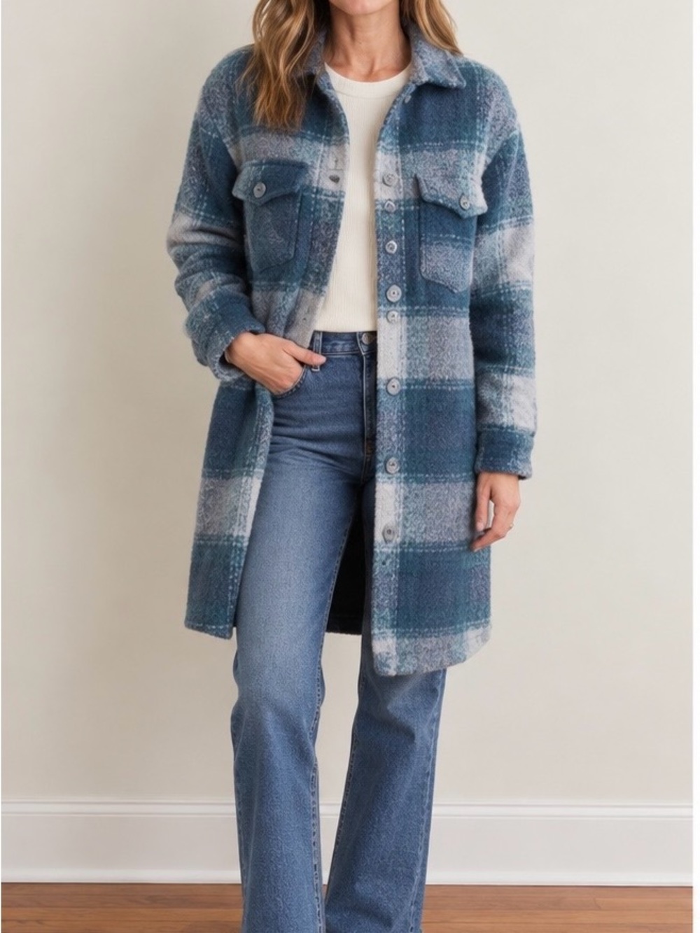 Evereve Blue Plaid Long Shacket